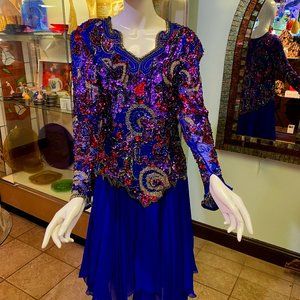 Oleg Cassini Handkerchief Dress with Beaded and Sequin Top, Long Sleeve